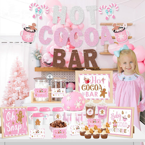 Hot Cocoa Bar Kit Pink Hot Cocoa Bar Banner Cute Gingerbread Man Sign Oh Snap Toppings Tent Cards Cup Tags Stickers