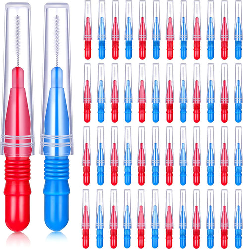 Patelai 50 Pieces Braces Brush, Interdental Brush Toothpick Dental Flossing Head for Oral Hygiene, Red, Blue