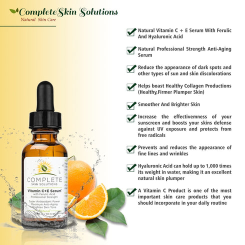Natural Vitamin C E Serum with Ferulic and Hyaluronic Acid, 1 oz