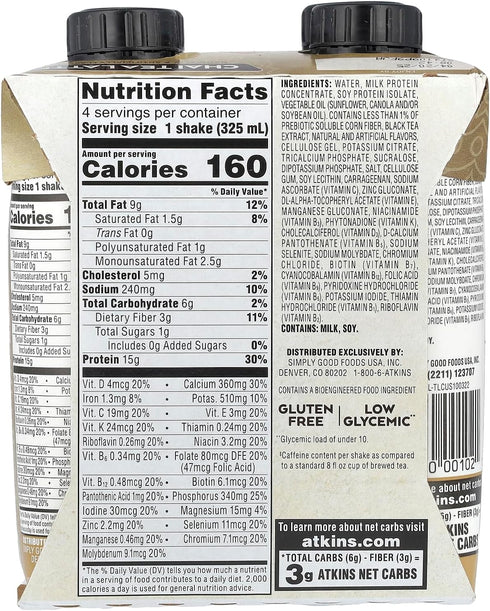 Atkins Iced Chai Tea Latte Protein-Rich Shake, Keto Friendly and Gluten Free, 4 Shakes