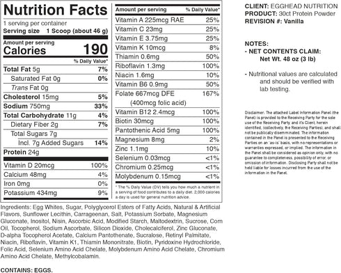 Egghead Nutrition Egg White Protein, 24g, 3.3 Pound, Non Dairy, Gluten Free, Vanilla