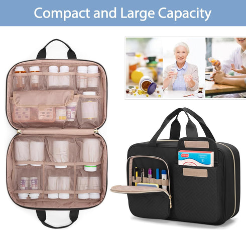 Travel-Friendly Black Pill Organizer for Medication - Durable Storage Bag