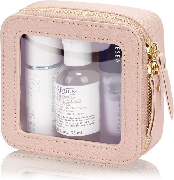 Small Clear Makeup Bag, Square Travel Cosmetic Case Organizer for Women (Pink)