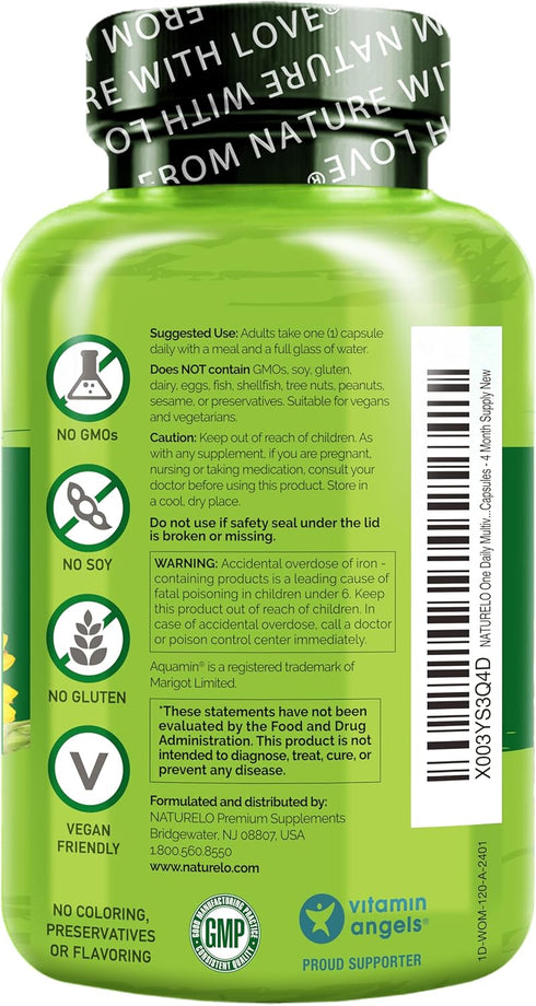 NATURELO One Daily Multivitamin for Women - Energy Support, Whole Food Supplement, 120 Capsules, Non-GMO