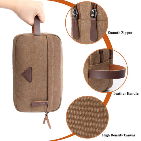 Mactso Mens Travel Toiletry Bag, Canvas Leather Cosmetic Makeup Organizer with Double Compartments (Coffee)