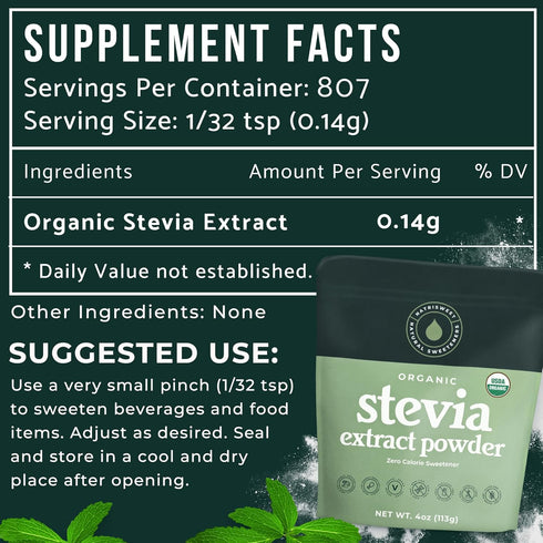 Organic 100% Pure Stevia Powder, 4 oz, Lowers Blood Sugar Levels, Bulk Powdered Sweetener for Baking