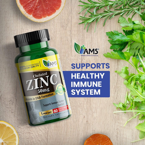 America Medic & Science 50 mg Chelated Zinc Supplements (60 Tablets) | Immune Booster, Antioxidant, Mood & Sleep Support