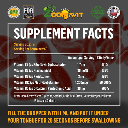 Vitamin B Complex Liquid Drops with Fast Absorption - Super B Liquid Complex Vitamins B2, B3, B5, B6 & B12