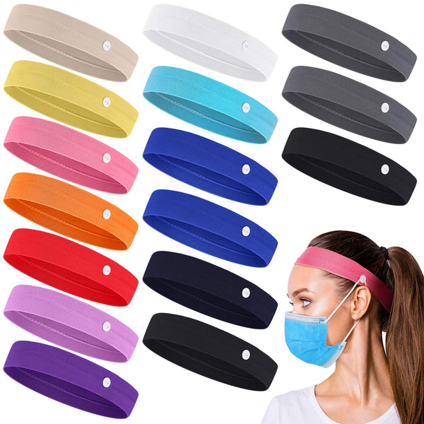 WILLBOND 16 Pieces Headbands with Buttons for Mask, Non Slip Wide Nursing Headbands for Women