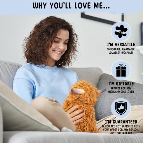 Brown Highland Cow Microwavable Heating Pad - Cute Soft Cozy Plush Heatable Pillow for Women & Kids - Kawaii Hot & Cold