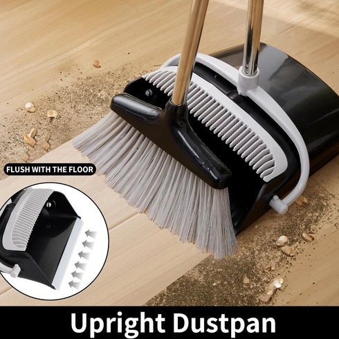 Broom and Dustpan Set, Lightweight Upright Lobby Broom and Dust Pan Combo for Home Kitchen Office (Gray and Black)