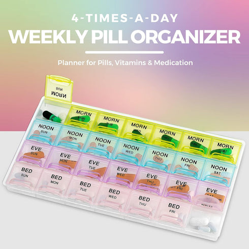 Large Pill Organizer with Weekly and Daily 4-Times-A-Day Compartments, BPA-Free, Portable Pill Boxes Case