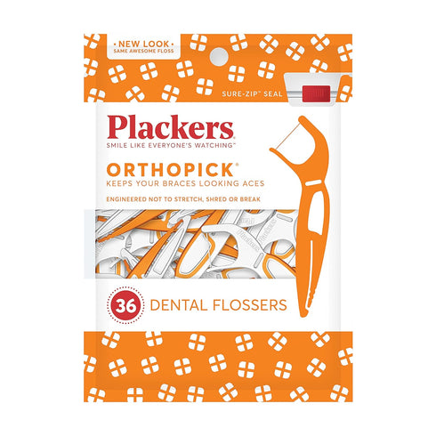 Plackers Orthopick Floss Picks, Unflavored, 36 Count - Designed for Braces, Easy Storage with Sure-Zip Seal