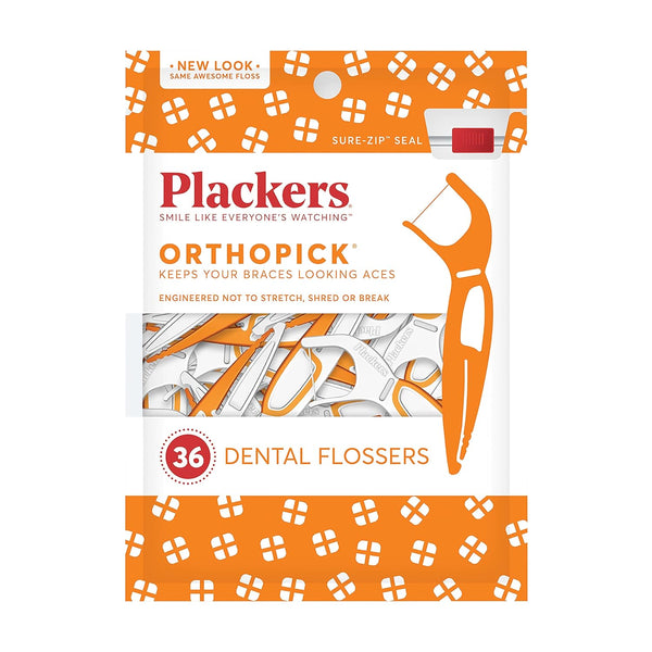 Plackers Orthopick Floss Picks, Unflavored, 36 Count - Designed for Braces, Easy Storage with Sure-Zip Seal