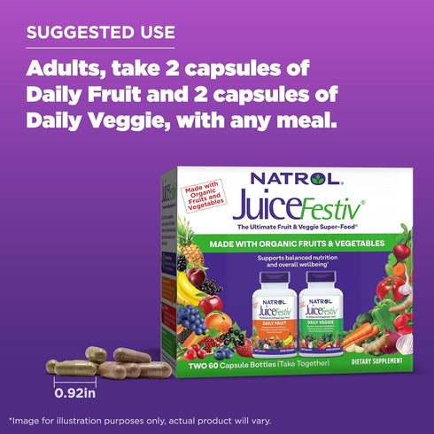 Natrol JuiceFestiv, Ultimate Fruit and Veggie Super-Food, 60 Capsules (2-Count), Supports Balanced Nutrition