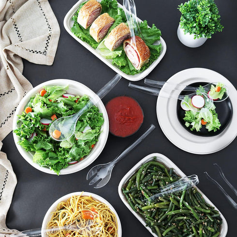 Set (12), 10' 6.5' HD Disposable Serving Utensils Spoons, Tongs, Clear