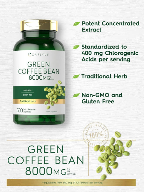 Carlyle Green Coffee Bean Extract 8000 mg, 300 Capsules, Non-GMO, Gluten Free Traditional Herb Supplement