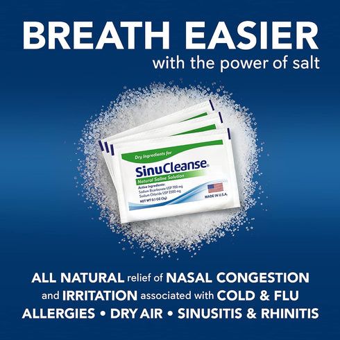 Packets 100 Count, SinuCleanse Pre-Mixed Saline for Sinus Rinse and Nasal Irrigation Systems, Made in USA, All-Natural