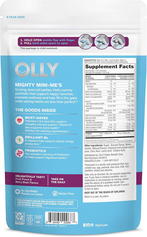 Gummy, 60 120 Count OLLY Kids Multivitamin & Probiotic Digestive Support, Vitamins A, D, C, E, B, Zinc, Chewable