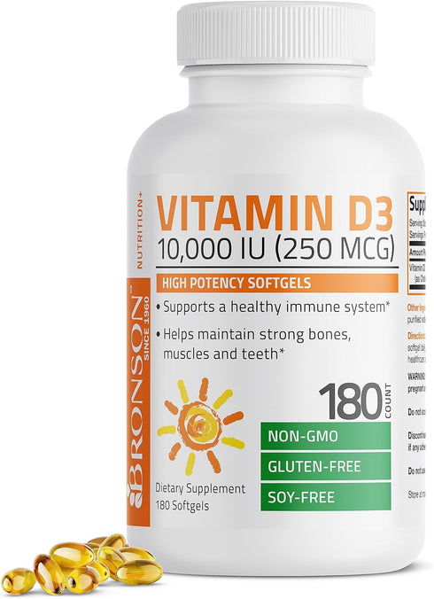 Bronson Vitamin D3 10,000 IU (250 mcg) High Potency for Immune System, Strong Bones, 180 Softgels