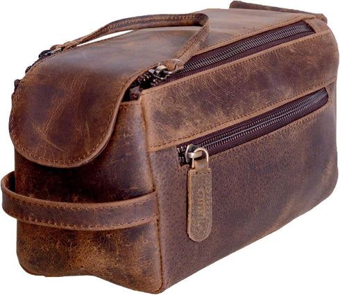 KomalC Premium Buffalo Leather Unisex Toiletry Bag, Travel Dopp Kit