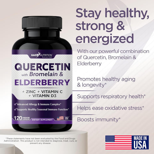 Quercetin with Vitamin C and Zinc - Elderberry, Quercetin 500mg, Quercetin with Bromelain, Zinc Quercetin, Vitamin D3 -
