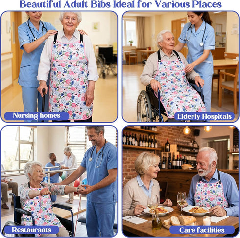 Quilax Adult Bibs for Women, Flower Pattern Adult Bibs for Seniors with Top Pocket Crumb Catcher, Waterproof Reusable