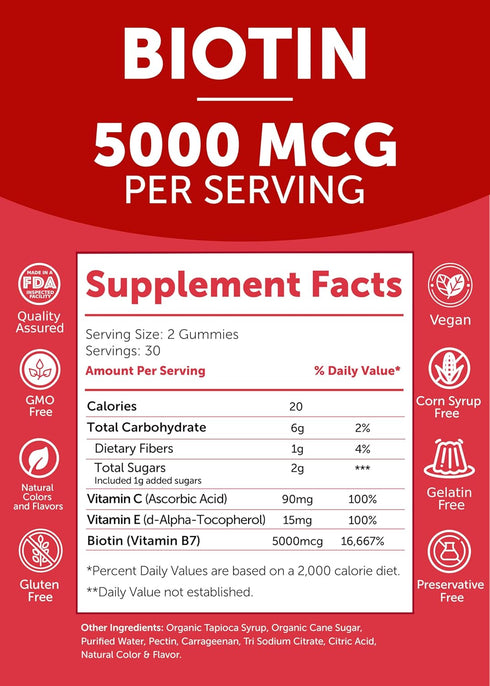 Lunakai Biotin Gummies 5000mcg with Vitamin C & E, Hair Skin Nails Vitamins for Women, 60 Ct
