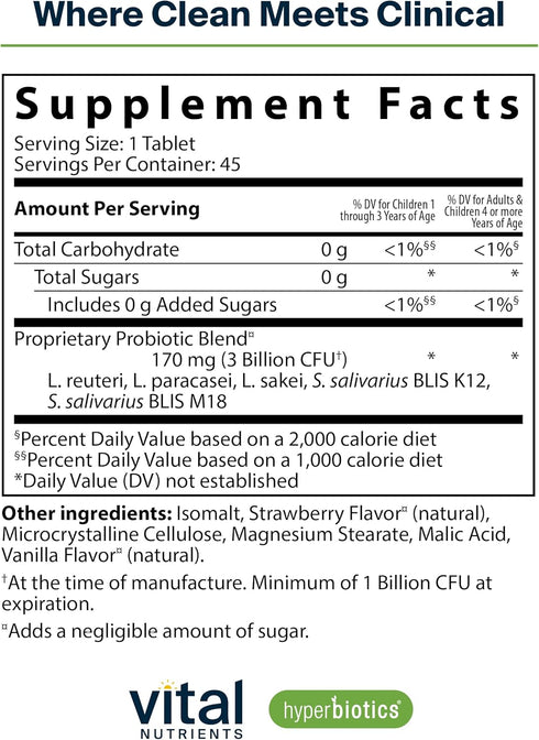 Hyperbiotics Vital Nutrients Pro Kids Probiotic ENT, Strawberry-Vanilla, 45 Sugar-Free Chewable Tablets