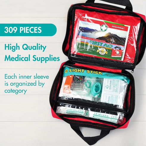 General Medi First Aid Kit - 309 Pieces - Reflective Bag Design with Eyewash, Bandages, Emergency Blanket