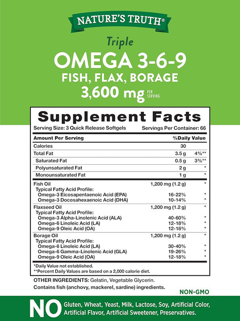 Nature's Truth Triple Omega 3-6-9 | 200 Softgels | Fish, Flax, Borage Oils Supplement | Non-GMO & Gluten Free