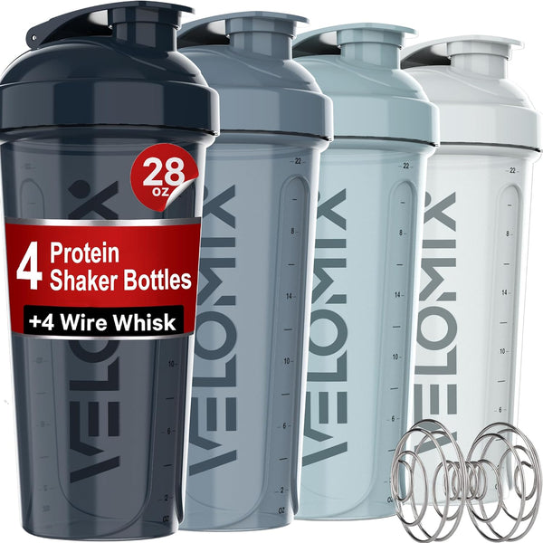'-4 PACK- 28 oz Shaker Cups for Protein Shakes - Leak Proof Protein Shaker Bottles with 4x Wire Whisk