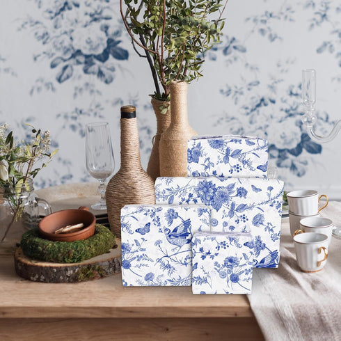 JarThenaAMCS Blue White Floral Wrapping Paper Roll, 17 Inch x 32.8 Ft Chinoiserie Flower Bird Gift Wrap Paper for Party