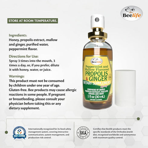 Beelife Propolis Throat Spray 30ml - Natural Immune Support, Soothing Honey & Ginger, No Sugar, Gluten-Free