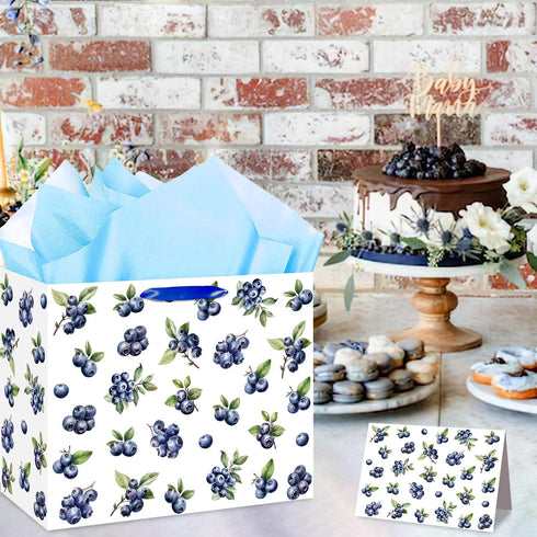 JORHANCE Blueberry Gift Bags with Wrapping Paper & Birthday Card - Large Bag for A Berry Sweet Baby Is On The Way