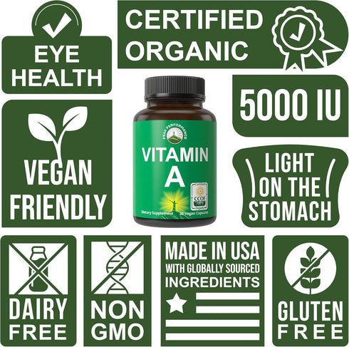 Certified Organic Vitamin A 5000 IU Supplement Capsules - High Potency Vitamins for Adults, Kids, Non-GMO, Vegan