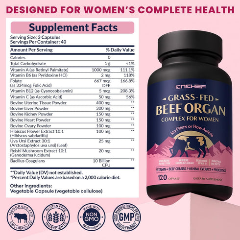 Raised,120 Beef Organ Supplement for Women, Beef Liver, Kidney, Heart & Uterus Tissue, with Multivitamins, Folate
