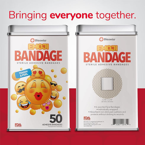 BioSwiss Emoji Shaped Bandages - Fun Self Adhesive Latex Free Sterile Wound Care for Kids, 50 Count First Aid Kit