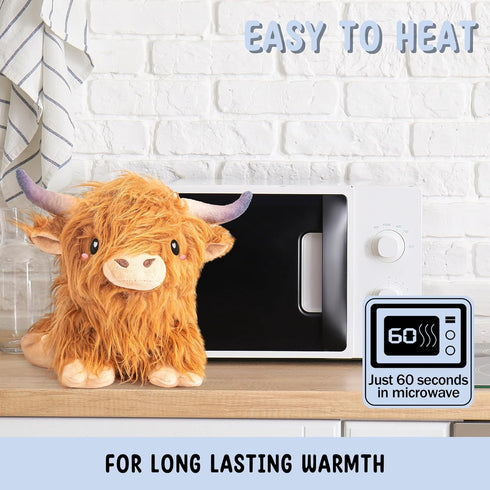 Brown Highland Cow Microwavable Heating Pad - Cute Soft Cozy Plush Heatable Pillow for Women & Kids - Kawaii Hot & Cold