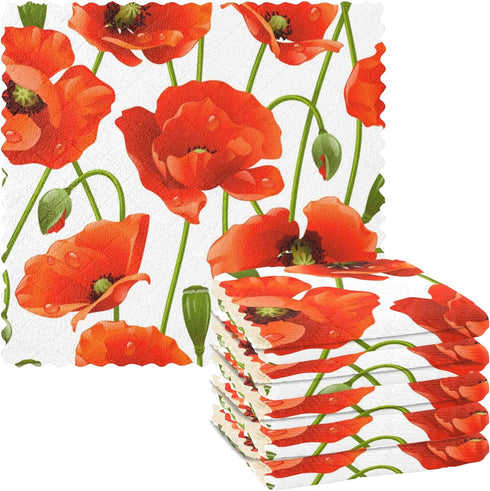 Kcldeci Poppy 6 Pieces Absorbent Kitchen Dish Cloths, Floral Washable Cleaning Towels for Home Kitchen Supplies