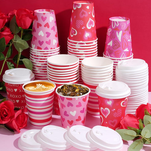 Pascliyna 100 Set 12oz, 5 Valentines Disposable Coffee Cups with Lids Pink Heart Print Disposable Paper Cups, Styles