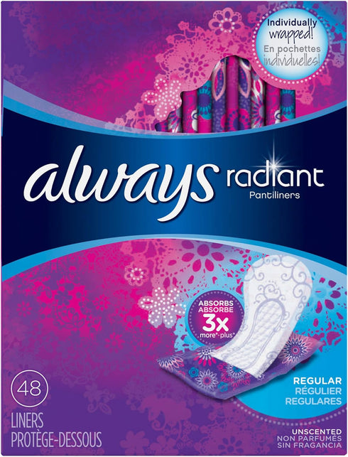 Always Radiant Unscented Pantiliners, Regular, 48 Liners (Pack of 2)