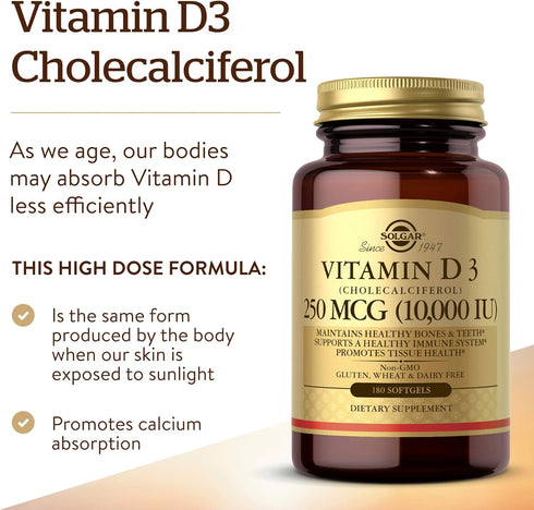Solgar Vitamin D3 Cholecalciferol 250 MCG 10000 IU Softgels, Non-GMO, Gluten, Dairy Free, 180 Count - Immune System