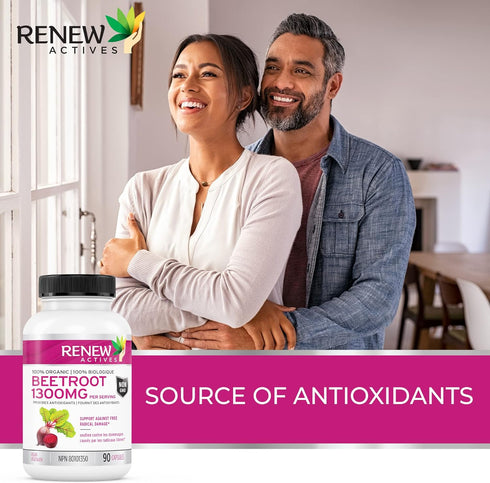 Renew Actives Organic Beetroot Supplement - 1300mg Extract for High Antioxidant Levels, 90 Veggie Capsules