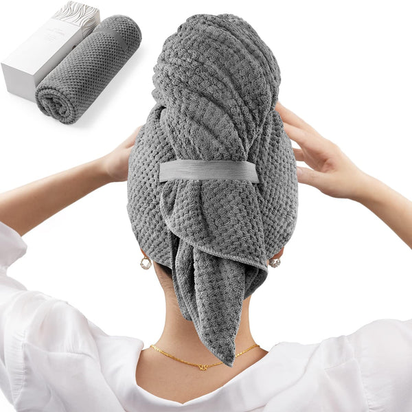 YFONG Microfiber Hair Towel Wrap for Women - Fast Drying Turbans for Long, Thick, Curly Hair, Dark Gray