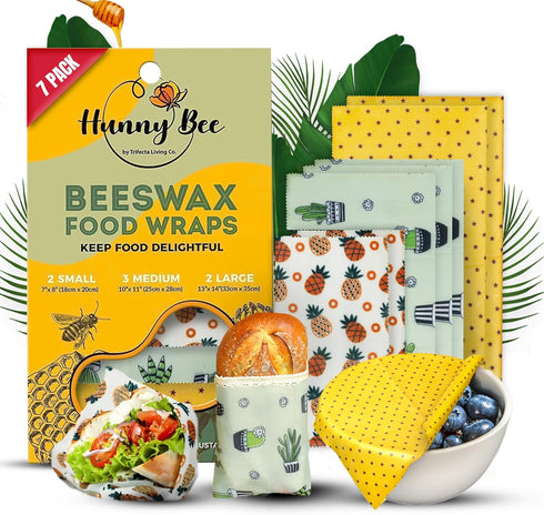 Trifecta Living Co. Set of 7 Versatile Beeswax Wraps, Durable Fresh Food Keeper, Unique Designs for Zero-Waste Kitchen