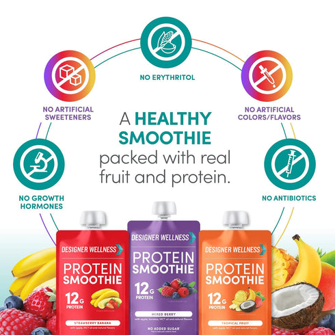 Designer Wellness Protein Smoothie, Real Fruit, 12g Protein, Low Carb, Gluten-Free, Variety Pack, 12 Count