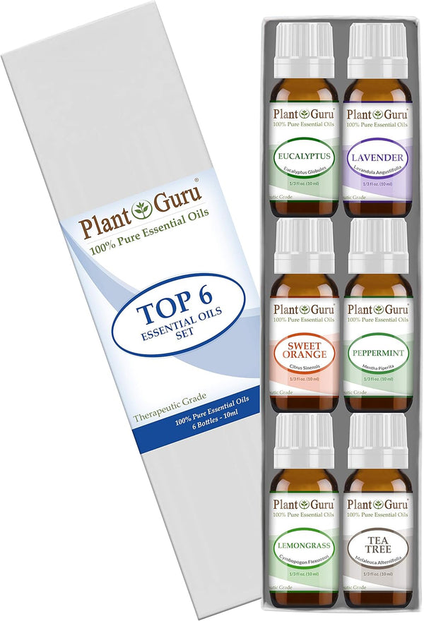 Essential Oil Set - 100% Pure Therapeutic Grade 6-10 ml Tea Tree, Lavender, Eucalyptus, Lemongrass, Peppermint & Sweet