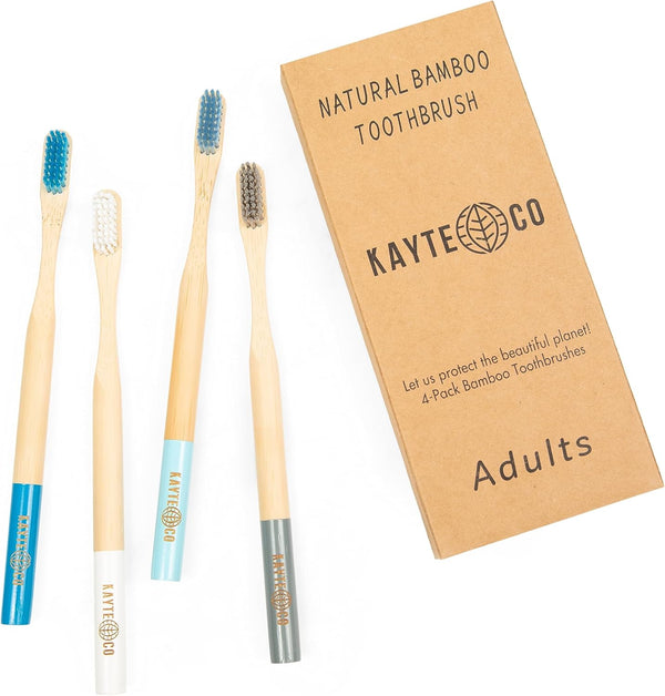 Bamboo Toothbrush - Eco-Friendly Biodegradable Natural Oral Care, Soft Bristles, Pack of 4 Brushes, Assorted Colors