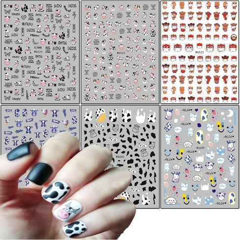 Cute Cow Nail Art Stickers, 3D Self-Adhesive Cartoon Cow Nail Decals for Women Girls Manicure Tips DIY Animal Art